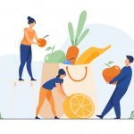 People keeping healthy diet. Man and woman packing paper bag with fresh fruit and vegetables. Vector illustration for organic nutrition, dietitian, vegan or vegetarian food concept